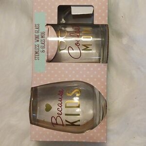 STEMLESS WINE GLASS & GLASS MUG SET BECAUSE KIDS & COOLEST MOM